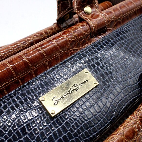 Samantha Brown Dowel Travel Bag Croc Embossed BLUE Brown Weekender Carry On VTG - Picture 3 of 15